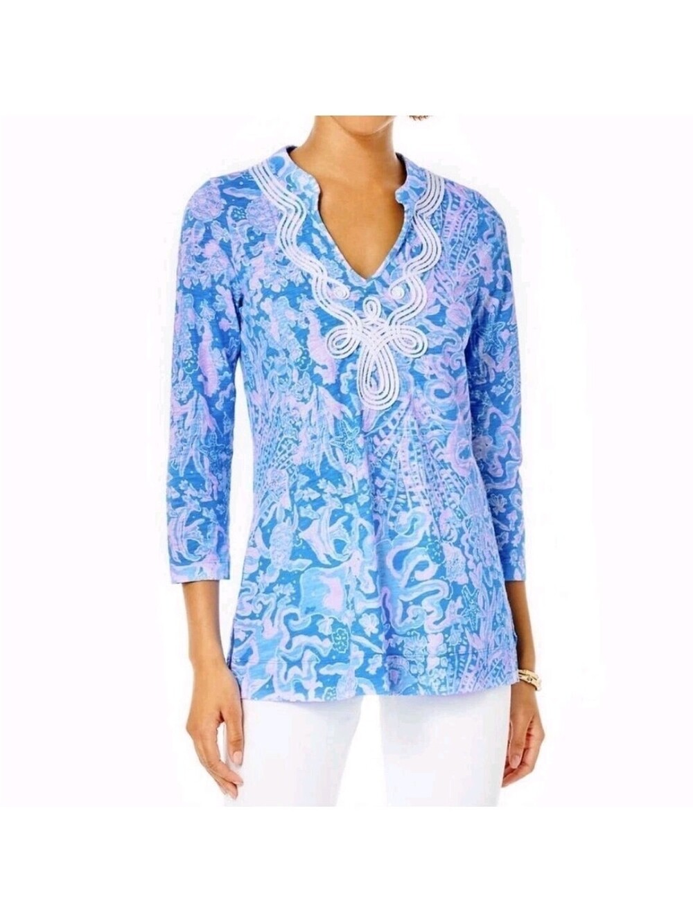 NWOT Lilly Pulitzer Kaia Knit Tunic Top Womens S Boca Blue Sea What I Sea Cotton